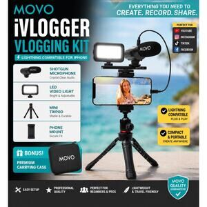 iVlogger Kit, iPhone Compatible Accessories LED Light Shotgun Microphone by Movo